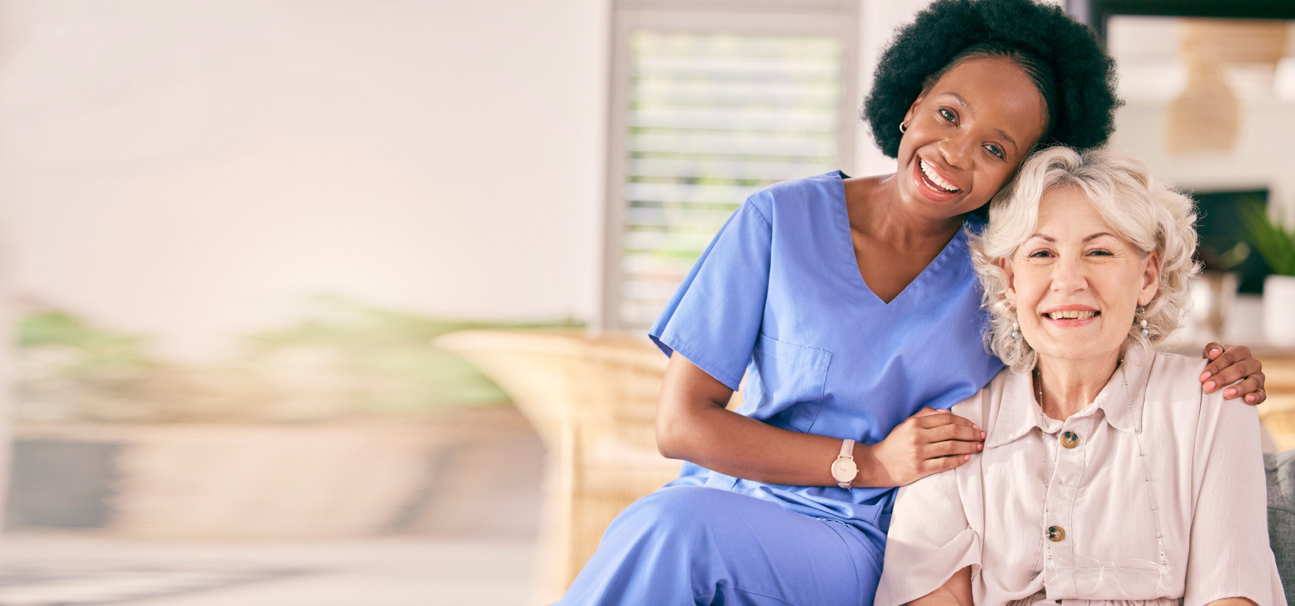 Happy, woman and a caregiver for home salon, healthcare or medical support with mockup space. Smile, career and portrait of an African nurse with a senior patient for helping in a house and service